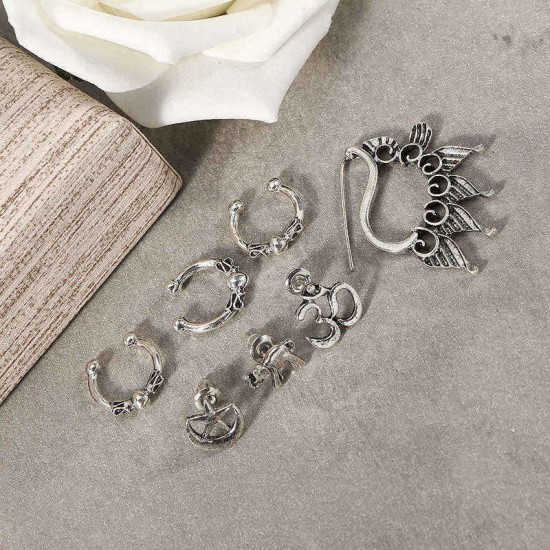 Trendy Antique Silver Earring Set Punk Elephant Star Moon Ear Clip Gift for Women Girl