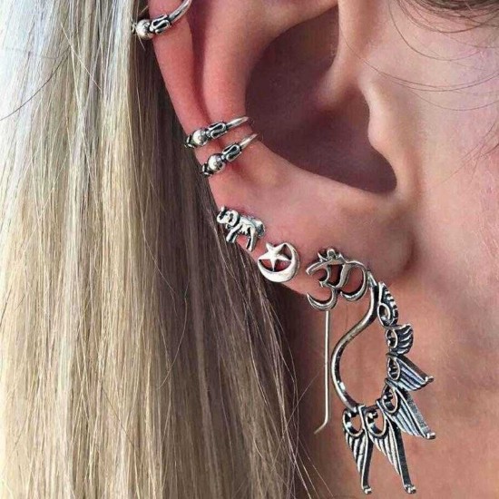 Trendy Antique Silver Earring Set Punk Elephant Star Moon Ear Clip Gift for Women Girl