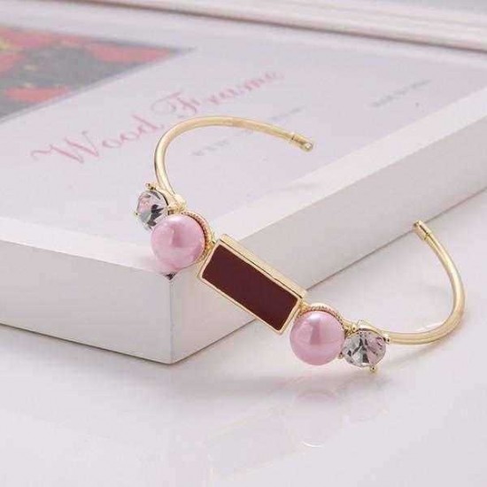 Trendy Balancing Style Geometric Bracelet Rhinestone Artificial Pink Pearl Bracelet for Women