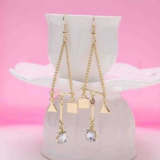 Trendy Balancing Style Gold Square Triangle Dangle Tassel Rhinestone Earrings Gift for Women