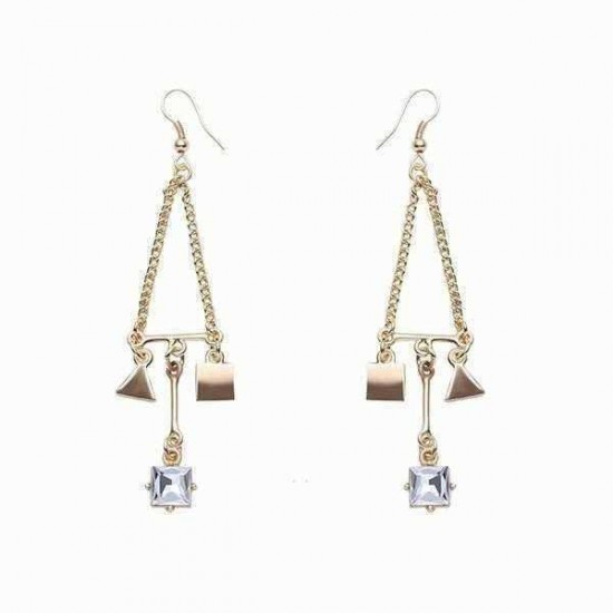 Trendy Balancing Style Gold Square Triangle Dangle Tassel Rhinestone Earrings Gift for Women