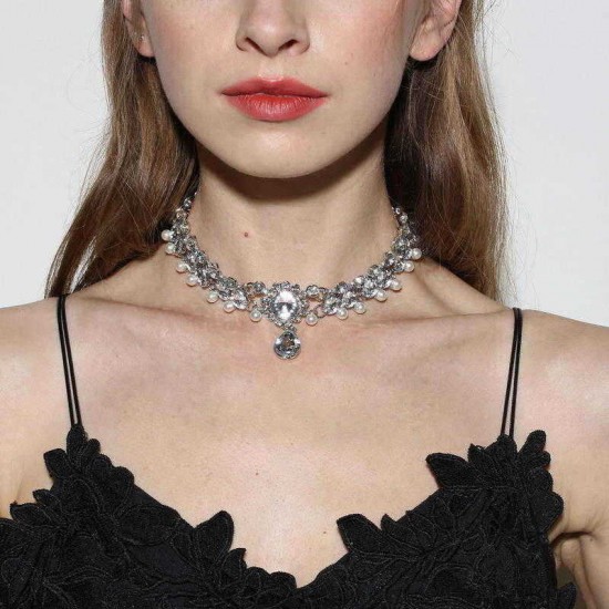 Trendy Crystal Drop Artificial Pearl Choker Women Necklace