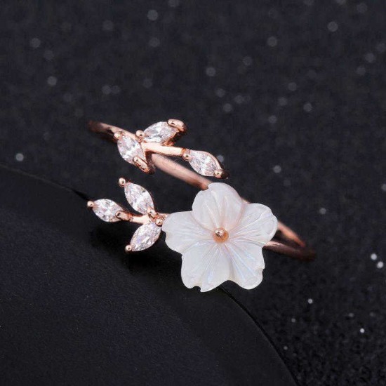 Trendy Delicate Zirconia Crystal Ring Leaf Shell Flower Rose Gold Open-end Rings for Women Girl