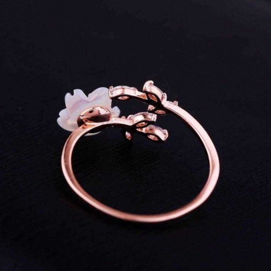 Trendy Delicate Zirconia Crystal Ring Leaf Shell Flower Rose Gold Open-end Rings for Women Girl