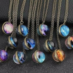 Trendy Geometric Double-sided Glass Ball Necklace Solar System Universe Starry Pendant Necklace