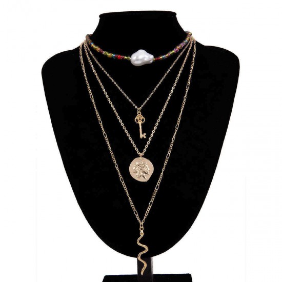 Trendy Geometric Key Snake Pendant Chain Necklace Multi-layer Color Rice Beaded Pearl Necklace