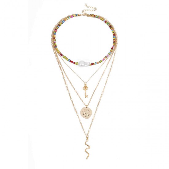 Trendy Geometric Key Snake Pendant Chain Necklace Multi-layer Color Rice Beaded Pearl Necklace