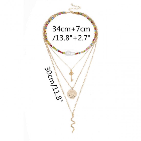 Trendy Geometric Key Snake Pendant Chain Necklace Multi-layer Color Rice Beaded Pearl Necklace