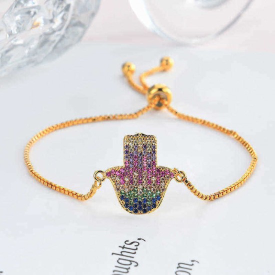 Trendy Hamsa Hand Multicolor Zircon Bracelet Adjustable Lucky Chain Jewelry For Women