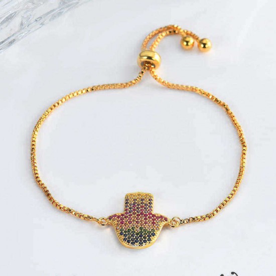 Trendy Hamsa Hand Multicolor Zircon Bracelet Adjustable Lucky Chain Jewelry For Women