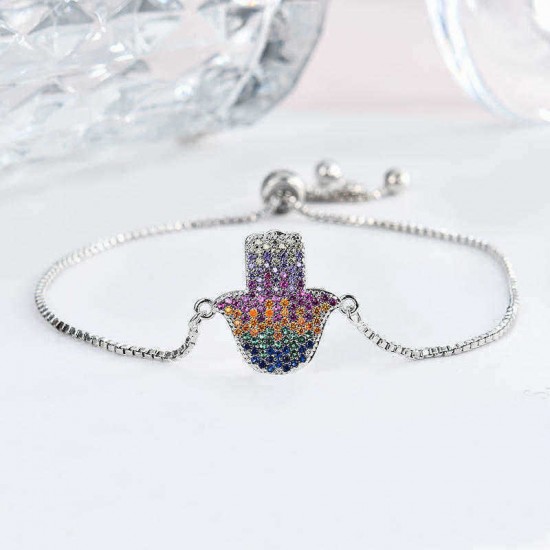 Trendy Hamsa Hand Multicolor Zircon Bracelet Adjustable Lucky Chain Jewelry For Women