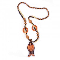 Trendy Handmade Wood Bead Long Chain Pendant Fish Elephant Charm Necklace for Women