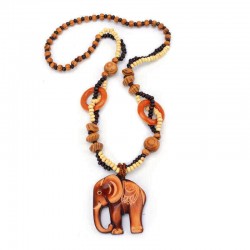 Trendy Handmade Wood Bead Long Chain Pendant Fish Elephant Charm Necklace for Women