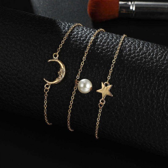 Trendy Multi-layer Anklet Moon Star Pearl Pendant Chain Anklet Bohemian Jewelry for Women