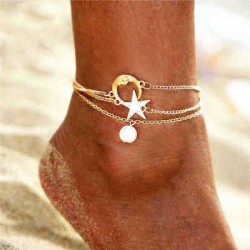 Trendy Multi-layer Anklet Moon Star Pearl Pendant Chain Anklet Bohemian Jewelry for Women