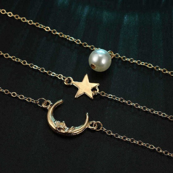 Trendy Multi-layer Anklet Moon Star Pearl Pendant Chain Anklet Bohemian Jewelry for Women