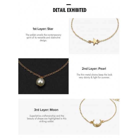 Trendy Multi-layer Anklet Moon Star Pearl Pendant Chain Anklet Bohemian Jewelry for Women