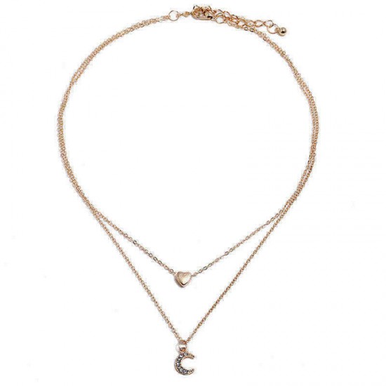 Trendy Multi-layer Necklace Gold Moon Peach Heart Pendant Chain Charm Necklace Retro Jewelry