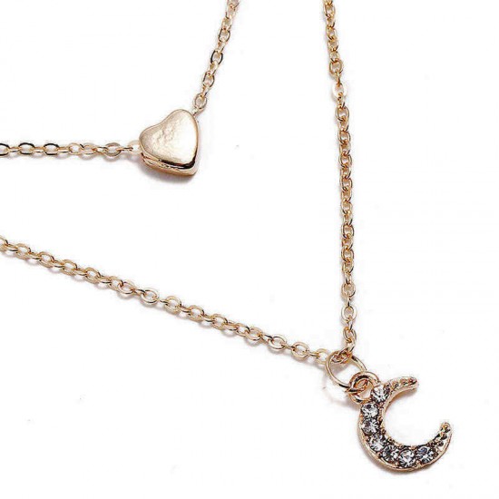 Trendy Multi-layer Necklace Gold Moon Peach Heart Pendant Chain Charm Necklace Retro Jewelry