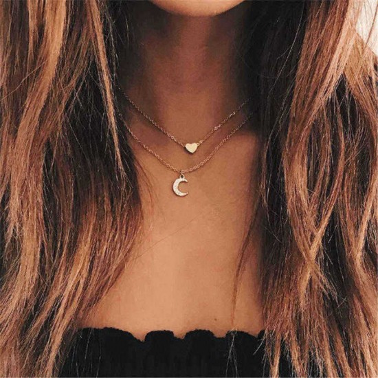 Trendy Multi-layer Necklace Gold Moon Peach Heart Pendant Chain Charm Necklace Retro Jewelry