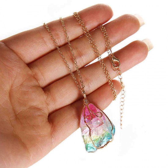 Trendy Natural Stone Gold Line Necklace Colorful Handmade Crystal Charm Necklace for Women