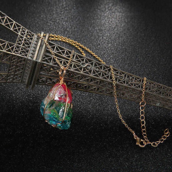 Trendy Natural Stone Gold Line Necklace Colorful Handmade Crystal Charm Necklace for Women