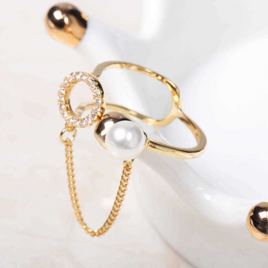 Trendy Open End Ring 18K Gold Plated Zirconia Round Pearl Ring for Women