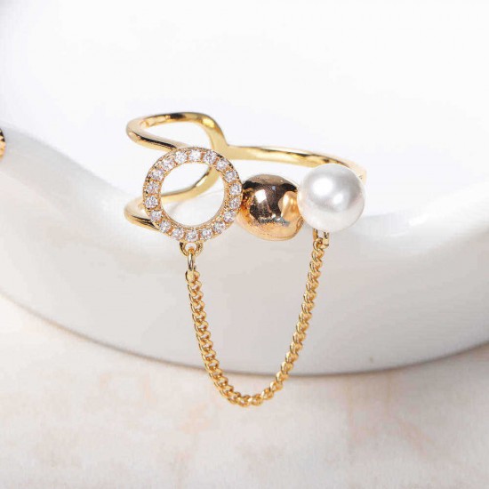 Trendy Open End Ring 18K Gold Plated Zirconia Round Pearl Ring for Women