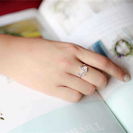 Trendy Open Finger Ring 925 Silver Rose leaves Plants Simple Adjustable Size Rings Jewelry for Women