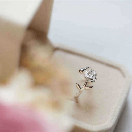 Trendy Open Finger Ring 925 Silver Rose leaves Plants Simple Adjustable Size Rings Jewelry for Women