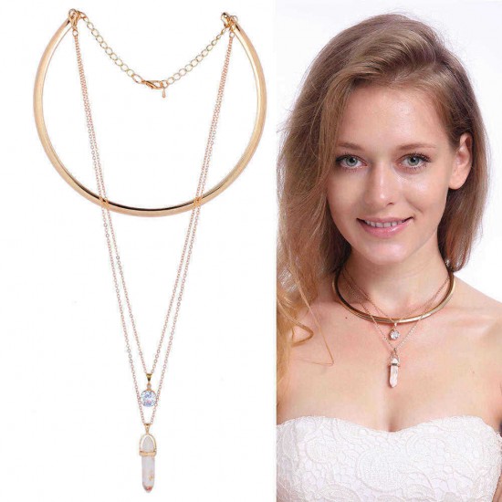 Trendy Six Corners Natural Stone Pendant Gold Alloy High Grade Zircon Separable Necklace for Women