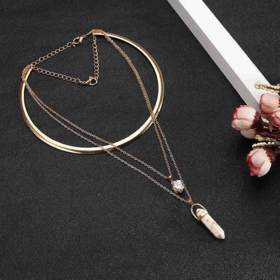 Trendy Six Corners Natural Stone Pendant Gold Alloy High Grade Zircon Separable Necklace for Women