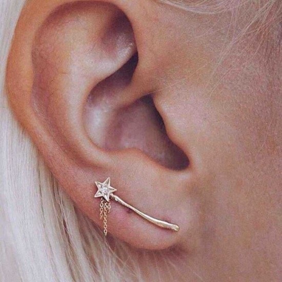 Trendy Star Magic Wand Ear Stud Diamond Gold Shimmer Earring For Women