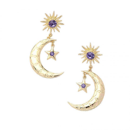 Trendy Sun Moon Star Big Ear Drop Earring Purple Rhinestone Earrings For Women