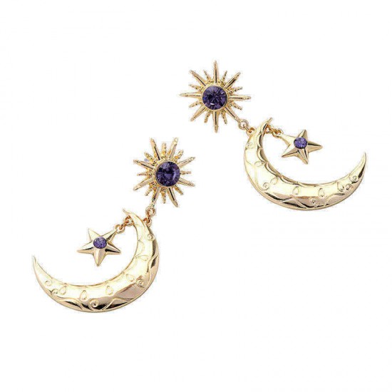 Trendy Sun Moon Star Big Ear Drop Earring Purple Rhinestone Earrings For Women