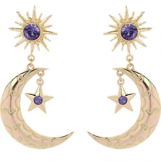 Trendy Sun Moon Star Big Ear Drop Earring Purple Rhinestone Earrings For Women