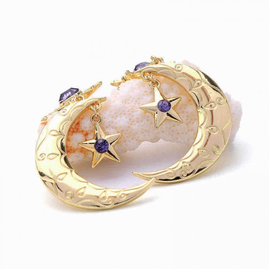 Trendy Sun Moon Star Big Ear Drop Earring Purple Rhinestone Earrings For Women