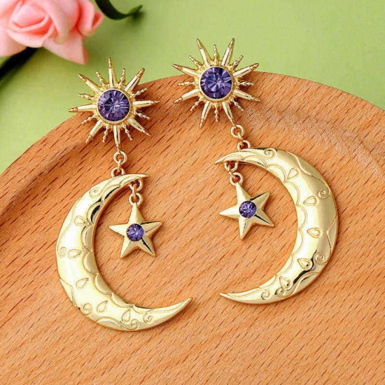 Trendy Sun Moon Star Big Ear Drop Earring Purple Rhinestone Earrings For Women