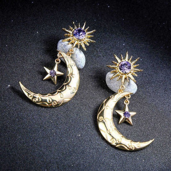 Trendy Sun Moon Star Big Ear Drop Earring Purple Rhinestone Earrings For Women