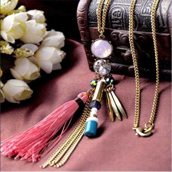 Trendy Tassel Zinc Alloy Rivet Long Necklace Zircon Irregular Sweater Chain for Women