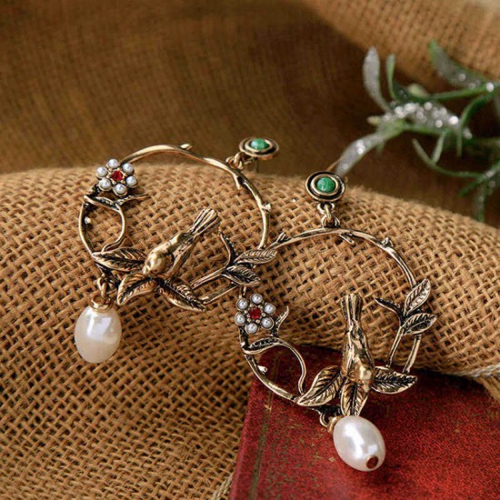 Trendy Vivid Pearl Earrings with Bird on The Tree Irregular Hoop Gold Earring for Women