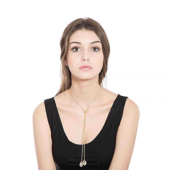 Trendy Water Drop Crystal Gold Y Lariat Long Necklace Sweater Chain for Women