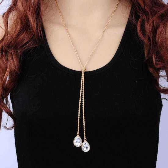 Trendy Water Drop Crystal Gold Y Lariat Long Necklace Sweater Chain for Women