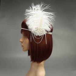 Trendy White Flapper Headband Rhinestone Feather Gatsby Hairband Headpiece for Women