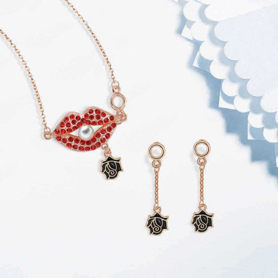 Trendy Women Party Jewelry Set Punk Red Rhinestone Red Lip Pearl Necklaces Black Rose Earrings Gift