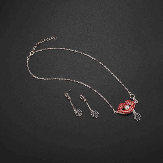 Trendy Women Party Jewelry Set Punk Red Rhinestone Red Lip Pearl Necklaces Black Rose Earrings Gift