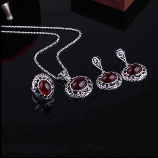 Turkey Series Red Rubellite Necklace Ring Retro Earrings Birthday Gift Jewelry Set