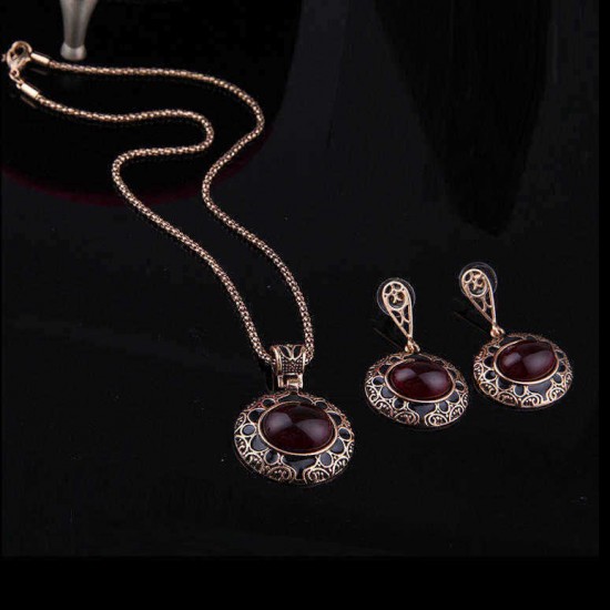 Turkey Series Red Rubellite Necklace Ring Retro Earrings Birthday Gift Jewelry Set