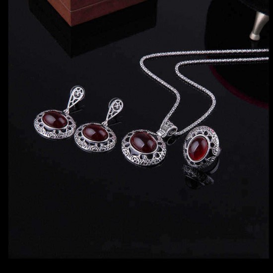 Turkey Series Red Rubellite Necklace Ring Retro Earrings Birthday Gift Jewelry Set