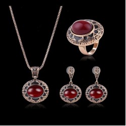 Turkey Series Red Rubellite Necklace Ring Retro Earrings Birthday Gift Jewelry Set